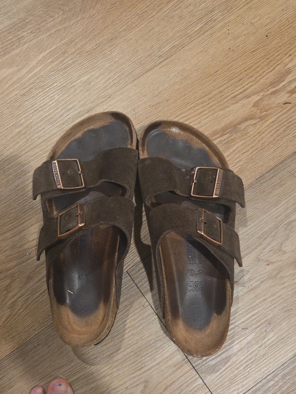Birkenstock Brown Suede Two-Strap Slide Sandals with Copper Buckles